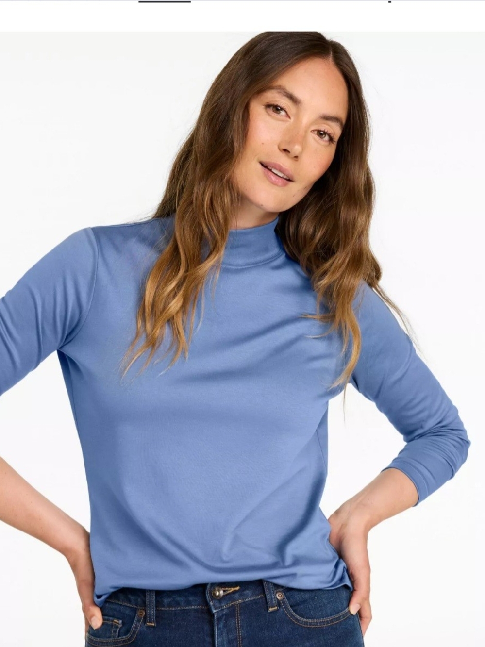 L.L. Bean Blue Long-Sleeve Pima Cotton Mock Neck Top